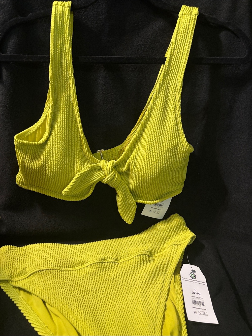 Crinkle plunge tie top bikini top and bottom high rise set 2 pieces size L 12/14
